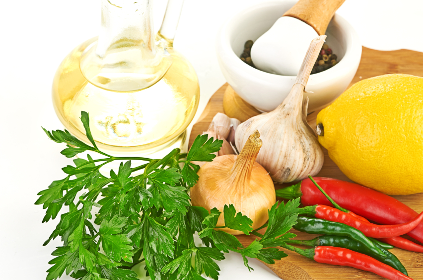 Fresh cooking ingredients with olive oil